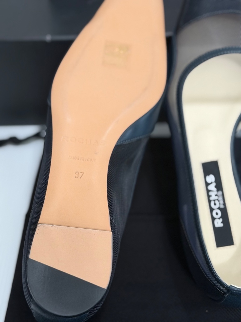 Rochas Paris Sheer Mesh Square Toe Ballet Flats - Navy Blue 37 - Picture 5 of 13
